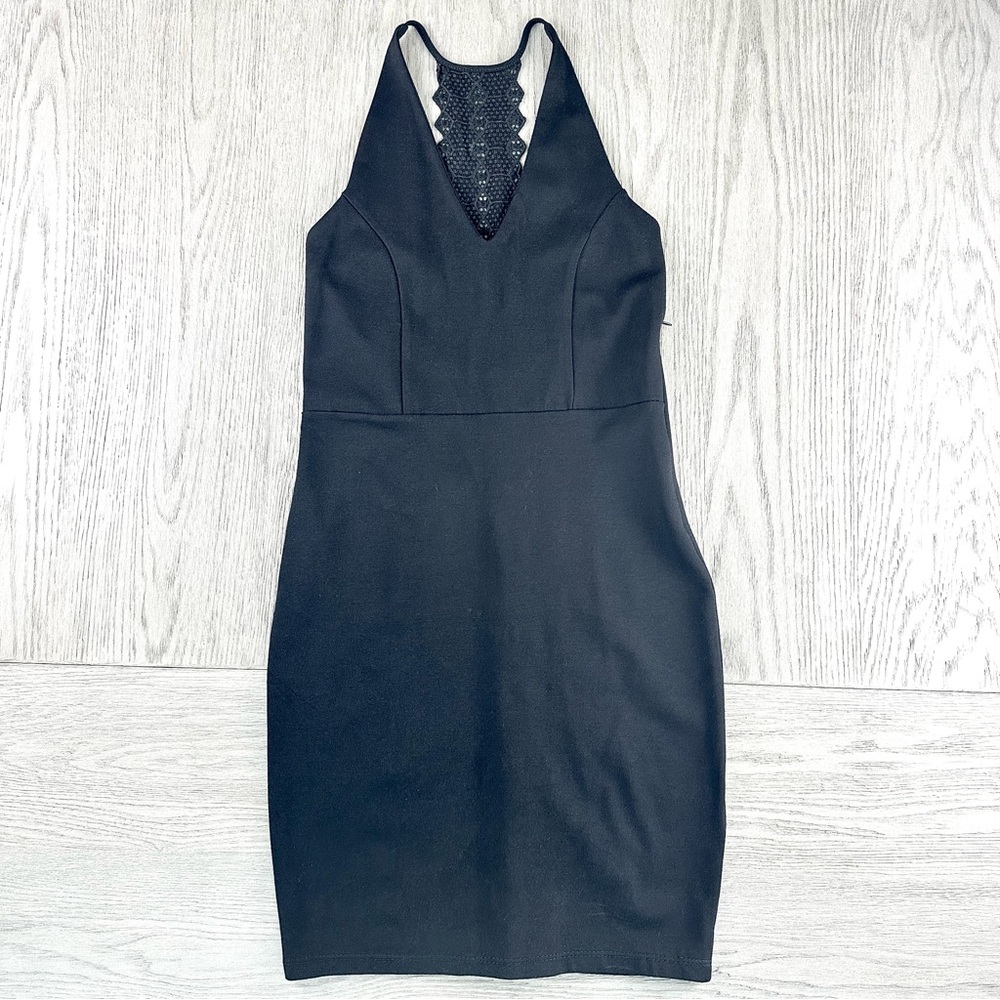 Lulus Black Lace Back Bodycon Mini Dress Womens M V-Neck Stretch